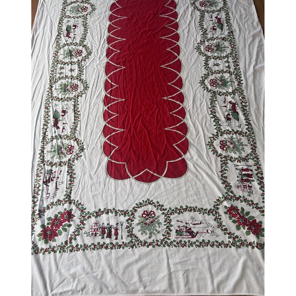 Vintage Christmas Tablecloth SLEIGH CAROLERS Houses Dickens Bell Holly 54" X 86"